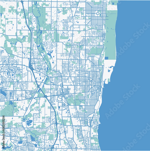 Map of Waukegan in Illinois in a professional blue style. Contains layered vector with roads water, parks, etc.