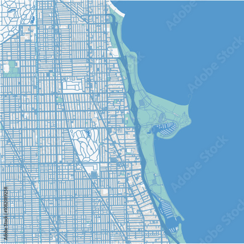 Map of Uptown in Illinois in a professional blue style. Contains layered vector with roads water, parks, etc.