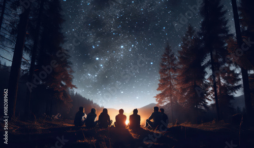 Group of friends gathered around a campfire under a starry night sky, surrounded by trees and nature's beauty.