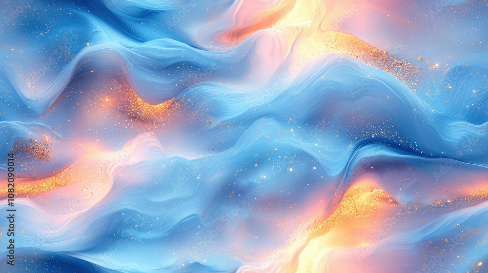 Vibrant abstract waves of blue and gold with glittering light Vibrant abstract waves of blue and gold with glittering light