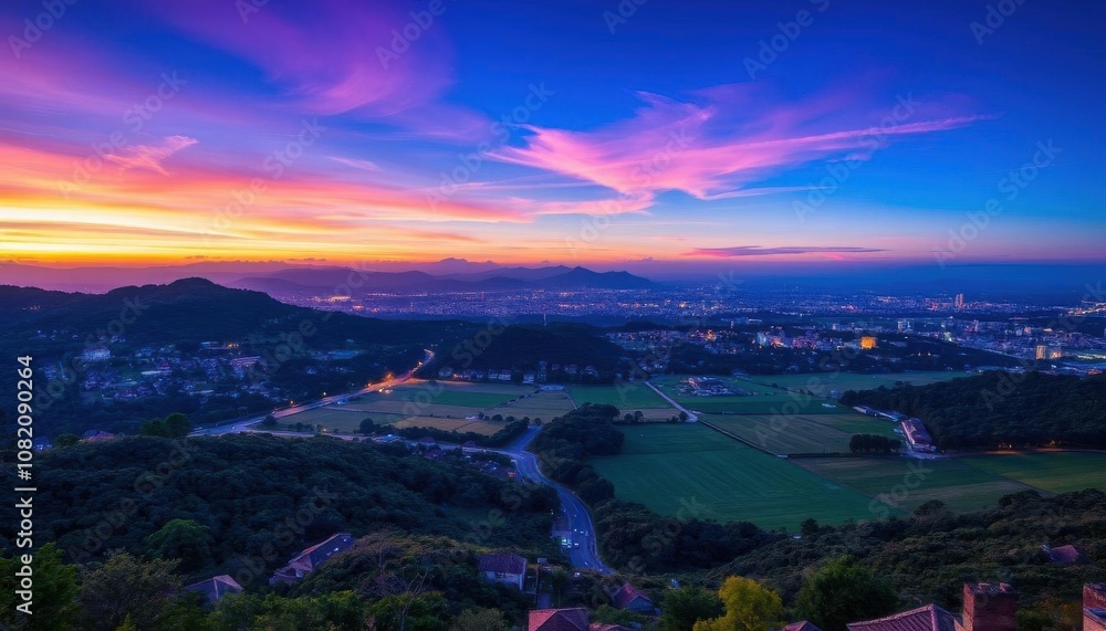 Fototapeta premium a view of a city from a hill at sunset beautiful and spectacular dusk
