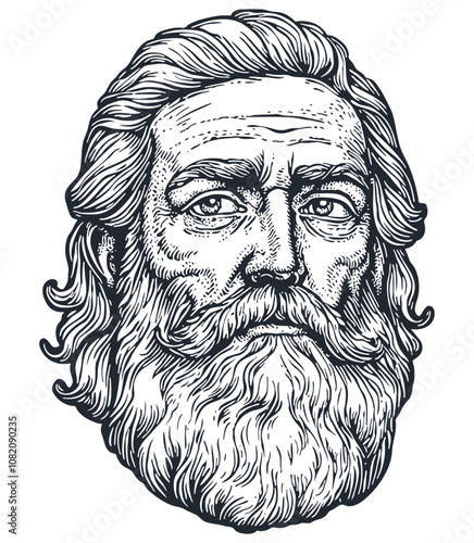 Portrait of a bearded middle-aged man in an engraving style, vector illustration
