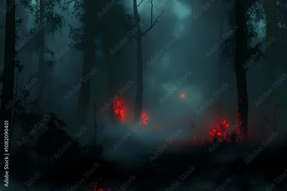 Illustration Dark Fantasy Forest Red Fire, Fog, Trees, Night, Spooky Illustration Dark Fantasy Forest Red Fire, Fog, Trees, Night, Spooky