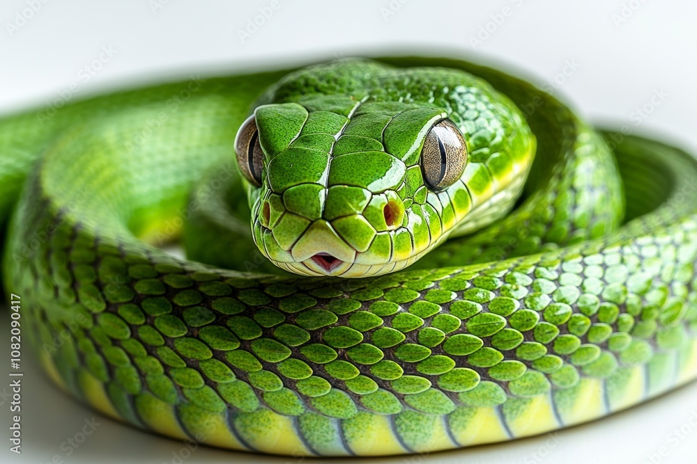 Fototapeta premium Side view of a green snake coiled in a graceful curve isolated on a white background. Generative AI