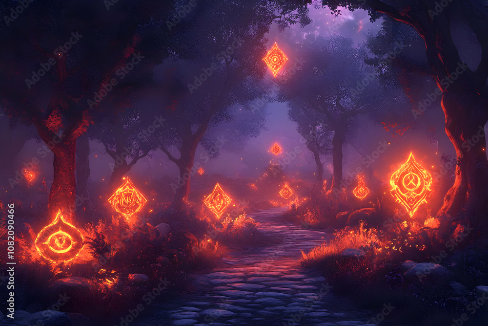 Illustration - Enchanted Forest Path, Glowing Symbols, Night Illustration - Enchanted Forest Path, Glowing Symbols, Night