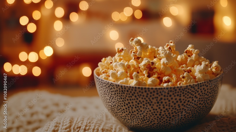 Cozy Bowl of Buttered Popcorn Surrounded by Warm Fairy Lights Perfect for Movie Nights or Snack Time in a Relaxing Atmosphere with a Subtle Bokeh Background Cozy Bowl of Buttered Popcorn Surrounded by Warm Fairy Lights Perfect for Movie Nights or Snack Time in a Relaxing Atmosphere with a Subtle Bokeh Background