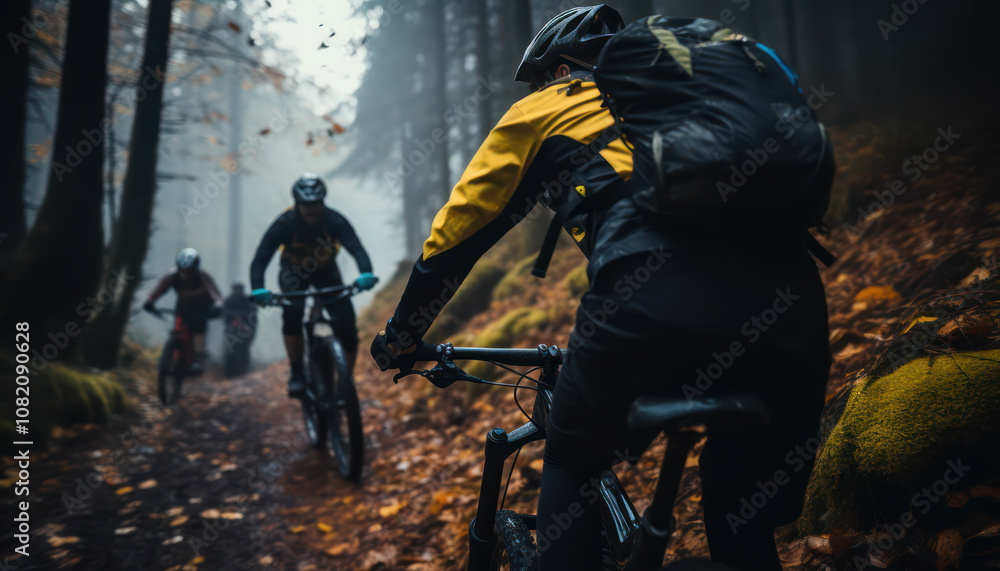 Mountain bikers navigating a misty forest trail during autumn, surrounded by colorful leaves. Mountain bikers navigating a misty forest trail during autumn, surrounded by colorful leaves.