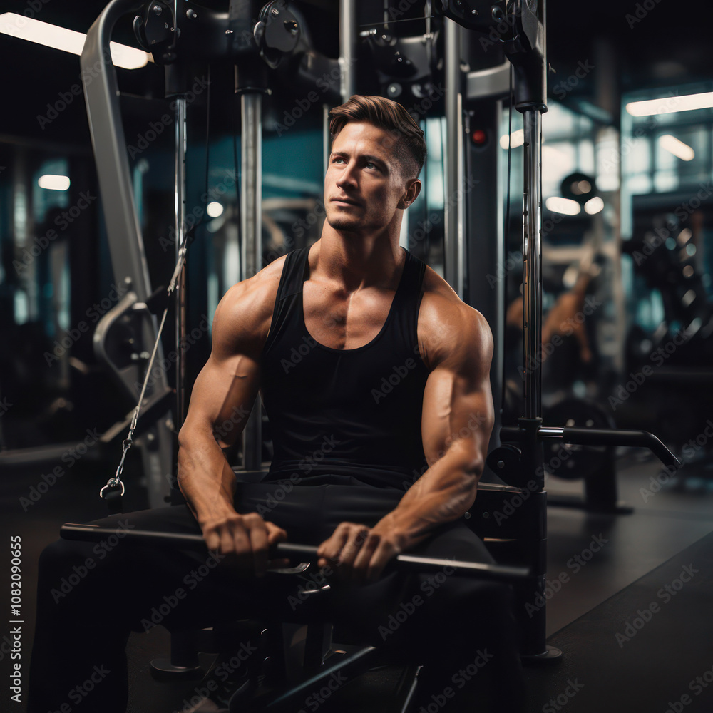 Muscular man exercising in a gym, focused and determined while using weight machine for strength training. Muscular man exercising in a gym, focused and determined while using weight machine for strength training.