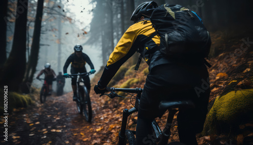 Mountain bikers navigating a misty forest trail during autumn, surrounded by colorful leaves.