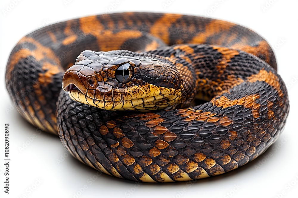 Side view of a coiled snake isolated on a pure white background. Cenerative AI Side view of a coiled snake isolated on a pure white background. Cenerative AI