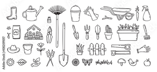 Gardener tools hand drawn doodle icons set. Hobby gardening. Garden items for plant care and backyard cleaning. Garden line clipart.