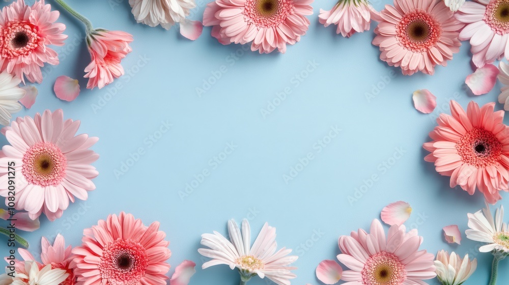 Vibrant Arrangement of Pink and White Gerbera Daisies on a Soft Blue Background with Petals Scattered Perfect for Spring and Summer Decorations or Celebrations Vibrant Arrangement of Pink and White Gerbera Daisies on a Soft Blue Background with Petals Scattered Perfect for Spring and Summer Decorations or Celebrations