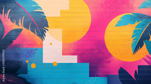Vibrant and colorful 80s Miami Style Graffiti background with Palms and Copy Space.	