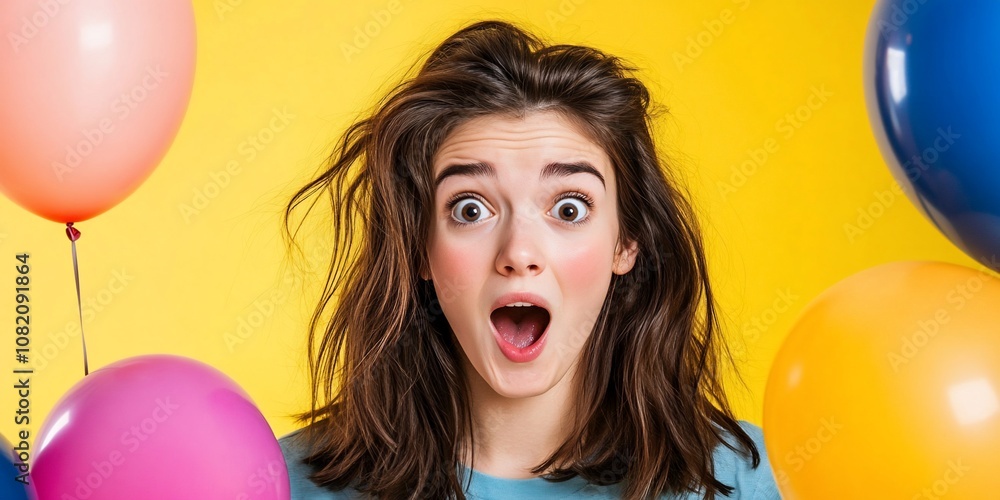 A surprised young woman surrounded by colorful balloons. A surprised young woman surrounded by colorful balloons.