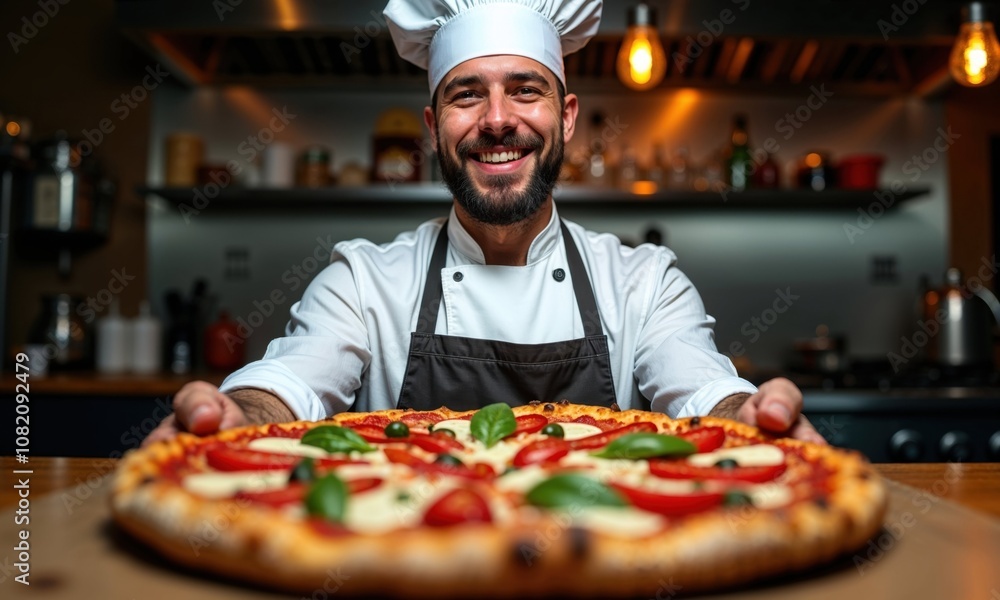 Proud chef presenting freshly made Margherita pizza with bright smile in restaurant kitchen. Classic chef's whites and authentic Italian pizza create perfect composition for culinary expertise Proud chef presenting freshly made Margherita pizza with bright smile in restaurant kitchen. Classic chef's whites and authentic Italian pizza create perfect composition for culinary expertise