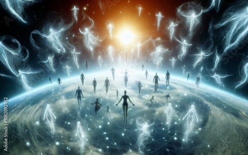 The afterlife, many souls above the planet in space