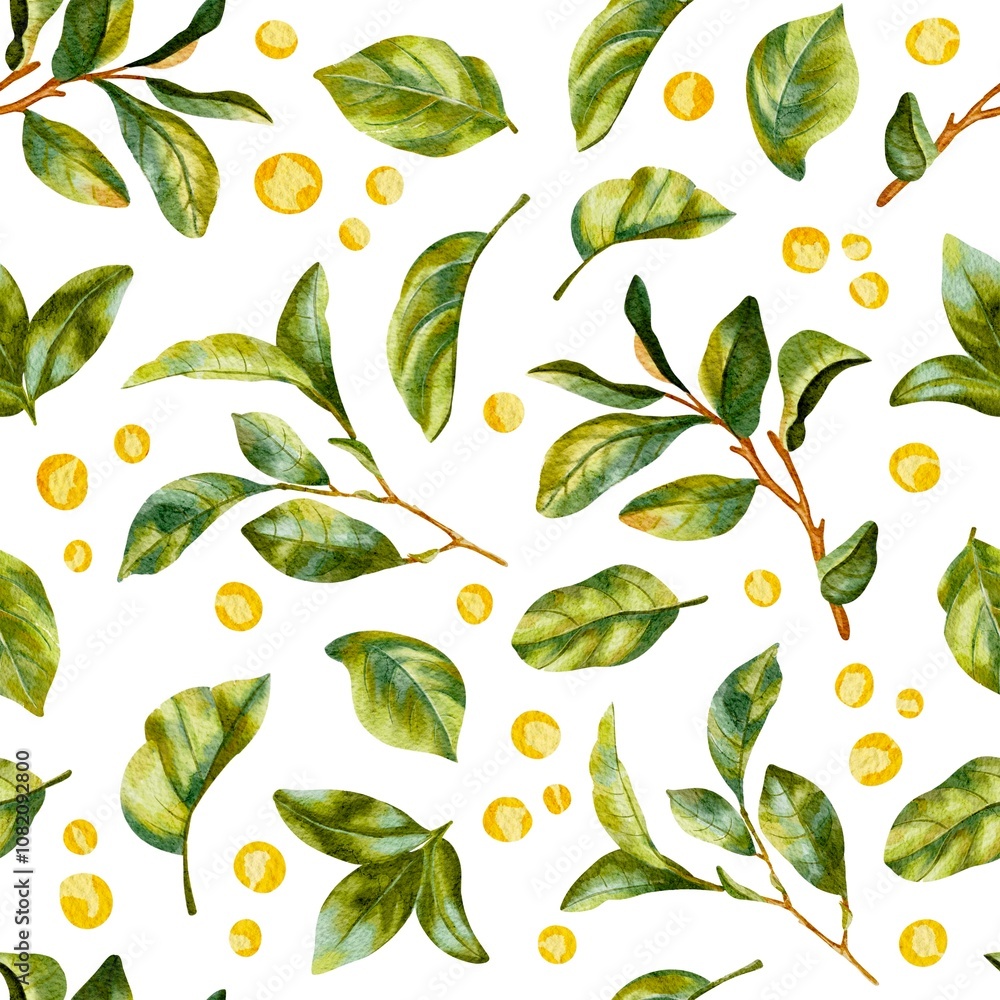 Naklejka premium Pattern with green leaves on a white background