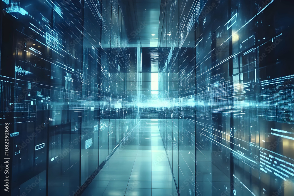 Illustration - Data Center Corridor with Futuristic Technology and Code Illustration - Data Center Corridor with Futuristic Technology and Code