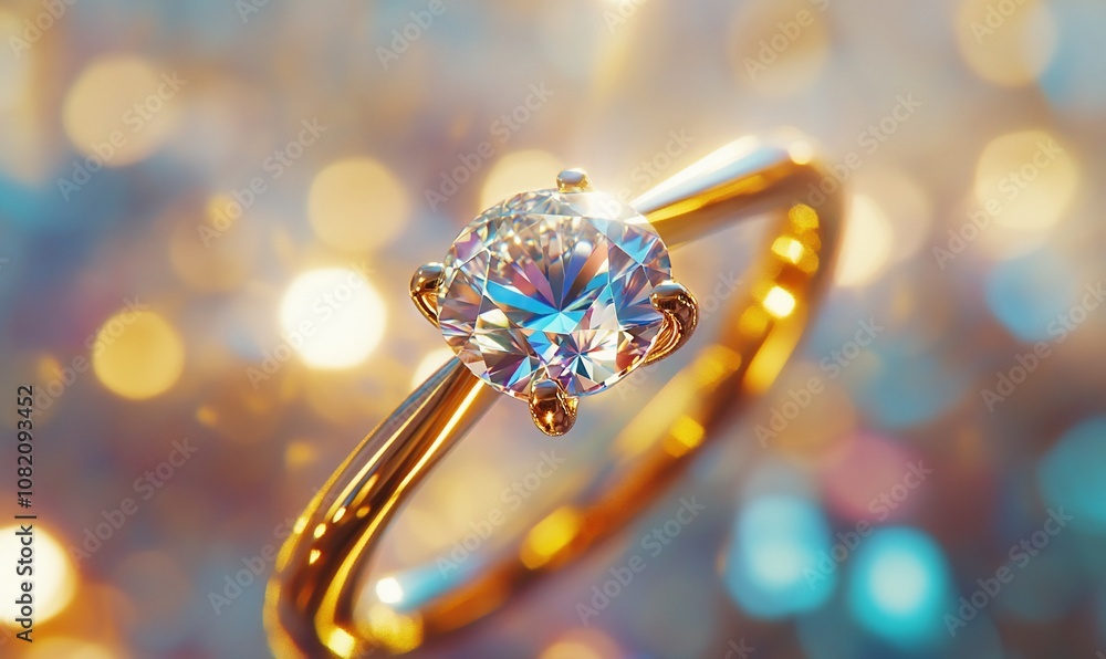 A sparkling diamond engagement ring with a gold band against a bokeh background. A sparkling diamond engagement ring with a gold band against a bokeh background.