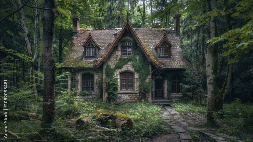 A house surrounded by trees and foliage in a dense forest A house surrounded by trees and foliage in a dense forest