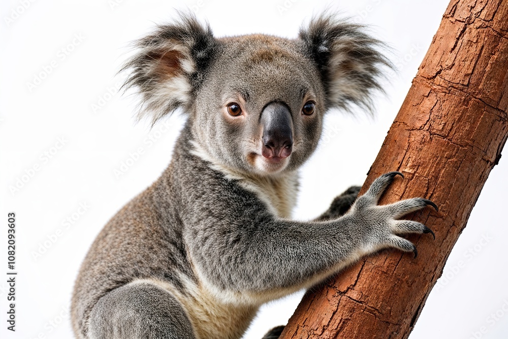 Adorable Koala Joey Clinging to Tree on White Background Adorable Koala Joey Clinging to Tree on White Background