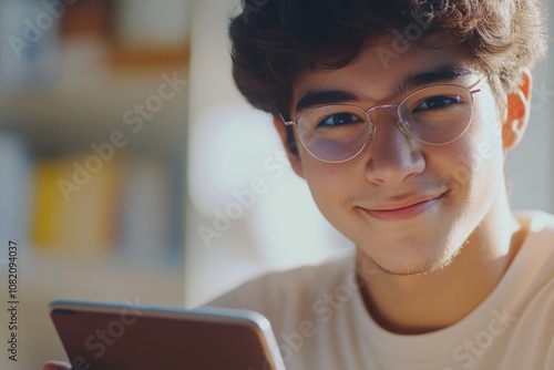 A young man reading from his cell phone, everyday life scenario