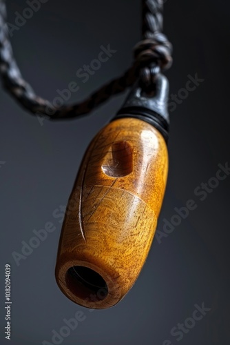 A close-up of a wooden pendant suspended from a string, with intricate details and textures visible