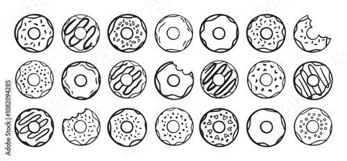 Doodle donuts set. hand drawn outline donut icons. Collection of cute doughnuts. Donut Doodles Sketch of cute donuts.