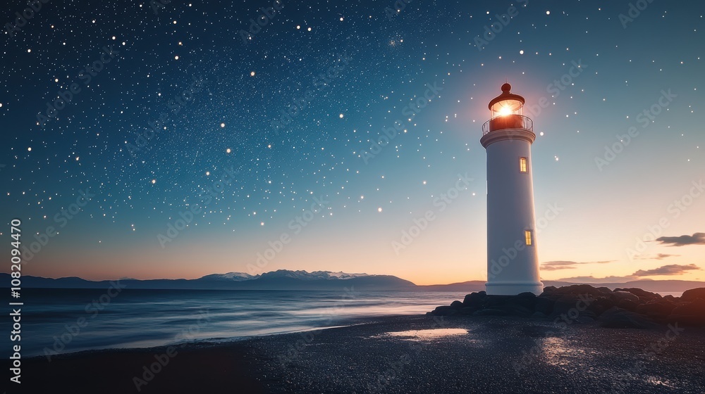 Coastal Lighthouse Under Starry Night Sky Coastal Lighthouse Under Starry Night Sky