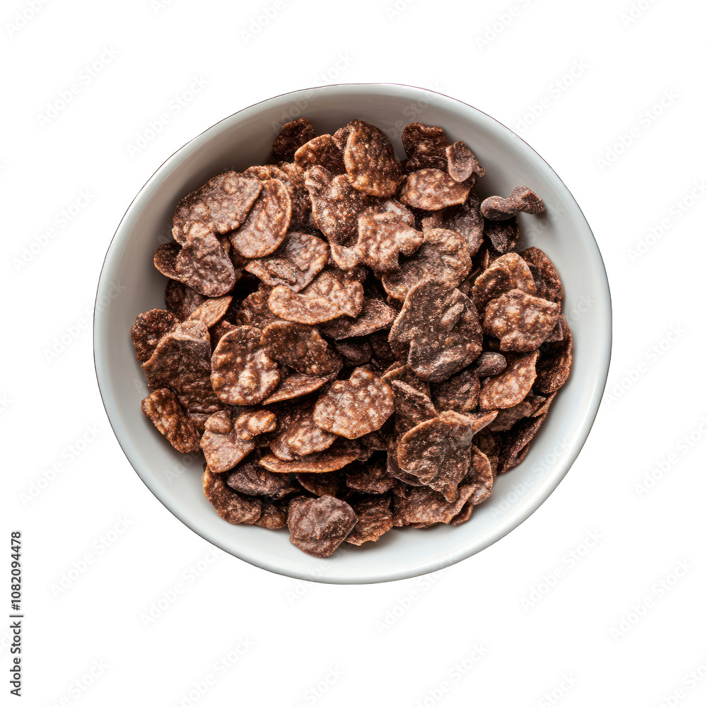 White bowl of chocolate corn flakes isolated on transparent background White bowl of chocolate corn flakes isolated on transparent background
