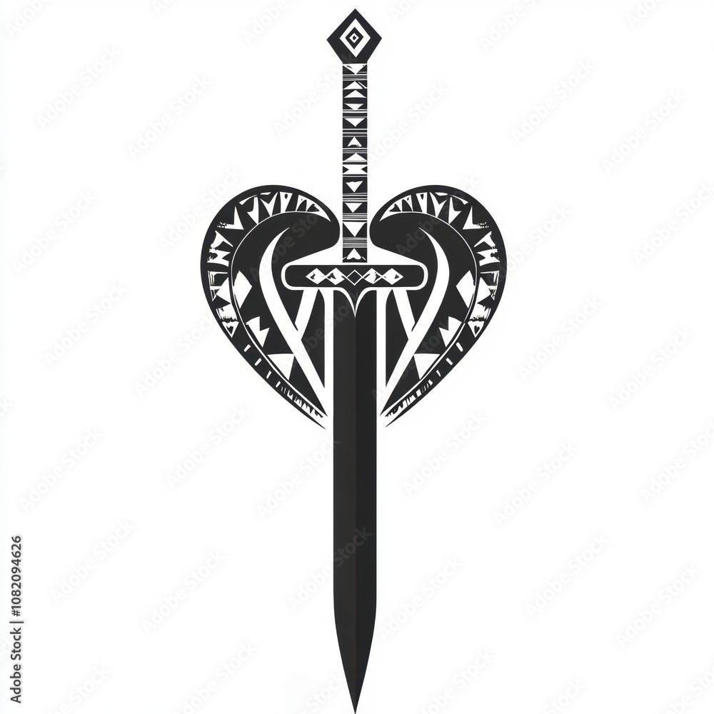 A stylized sword with a heart design, featuring intricate patterns. A stylized sword with a heart design, featuring intricate patterns.
