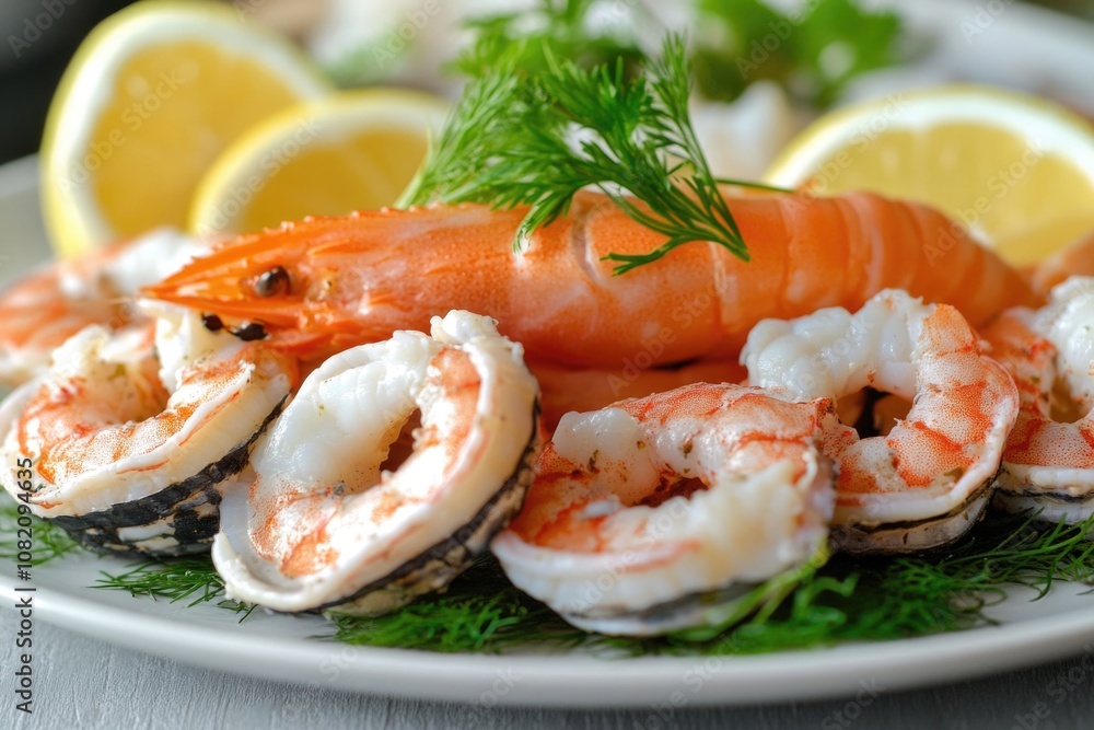Fresh shrimp served on a white plate with sliced lemons, great for food styling or as a background image Fresh shrimp served on a white plate with sliced lemons, great for food styling or as a background image