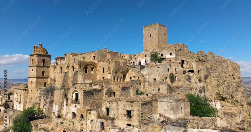 Abandoned Old Town Of Craco Due To Landslide In Matera, Italy. - aerial shot Abandoned Old Town Of Craco Due To Landslide In Matera, Italy. - aerial shot