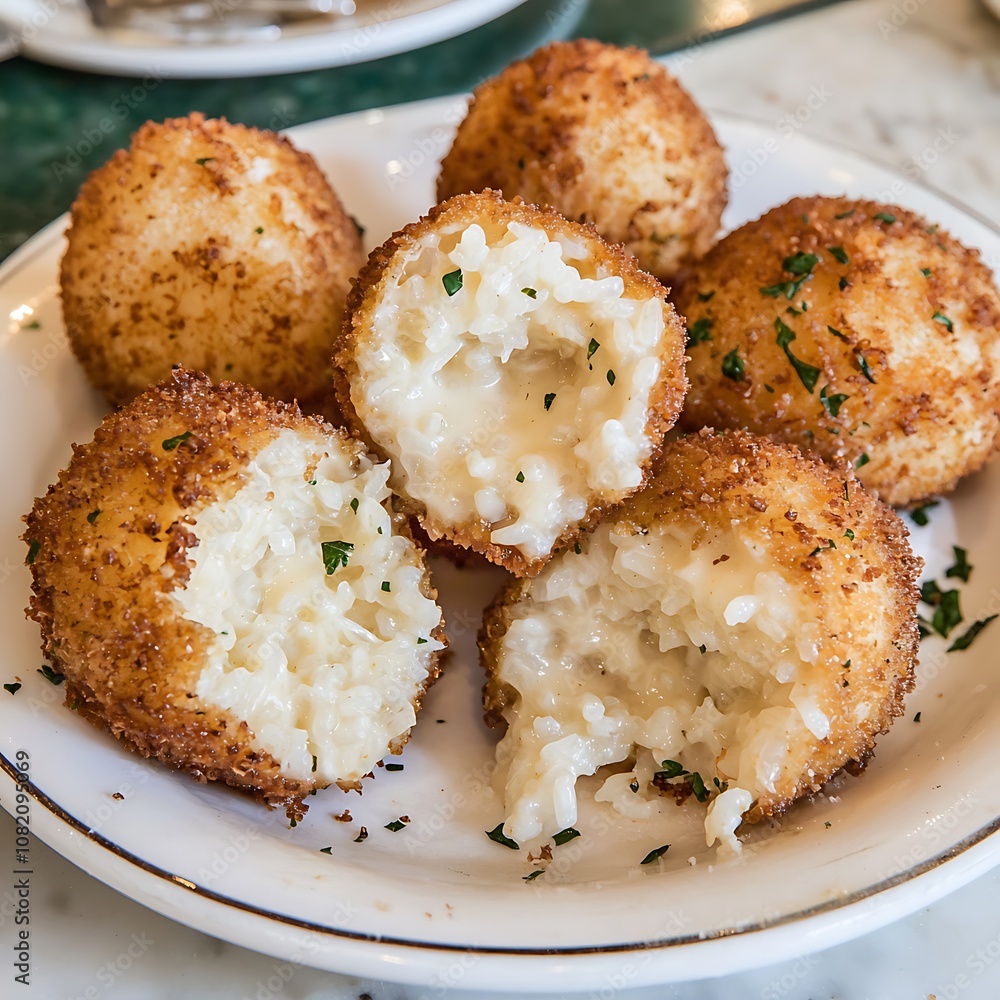 Close-up of Crispy Arancini on a Plate with Parsley Garnish. Close-up of Crispy Arancini on a Plate with Parsley Garnish.
