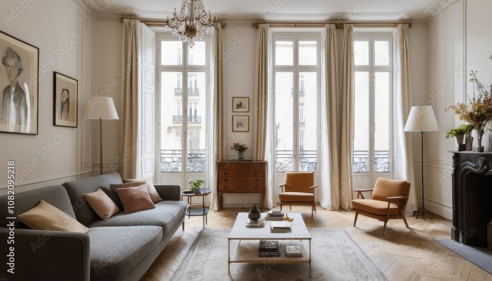 Fototapeta premium A chic Parisian apartment with vintage furniture, light curtains, and subtle art decor 