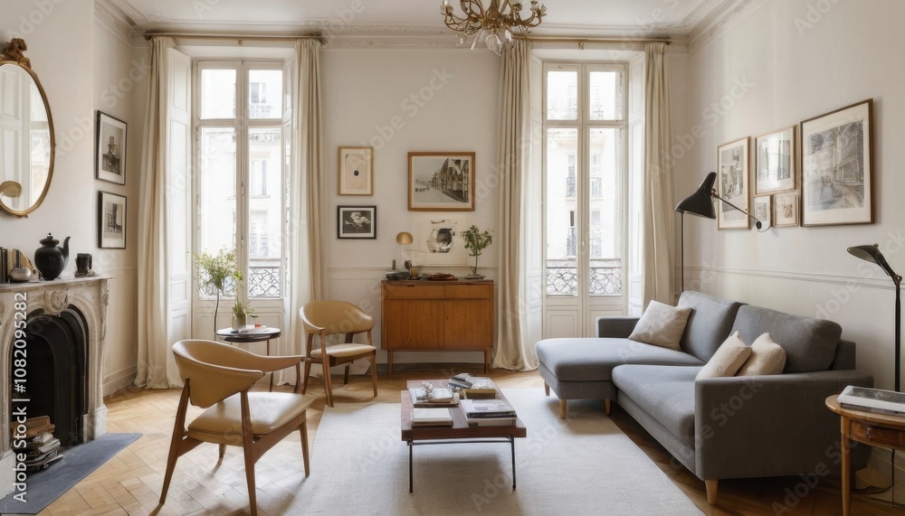 Fototapeta premium A chic Parisian apartment with vintage furniture, light curtains, and subtle art decor 