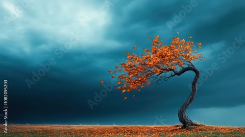 A tree leaning at an impossible angle defying gravity against a stormy sky windblown leaves fluttering dramatic side view sharp contrast lighting