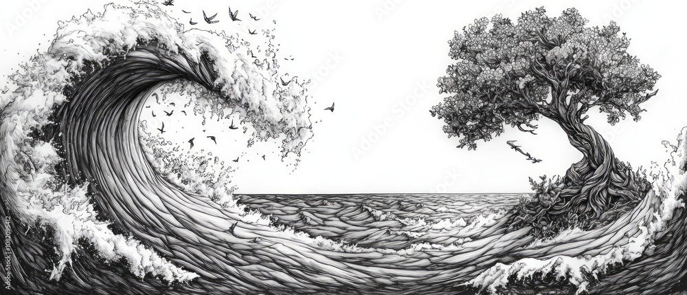 Fototapeta premium This artwork illustrates a powerful wave crashing alongside a firmly rooted tree, symbolizing the strength and beauty of nature in harmony