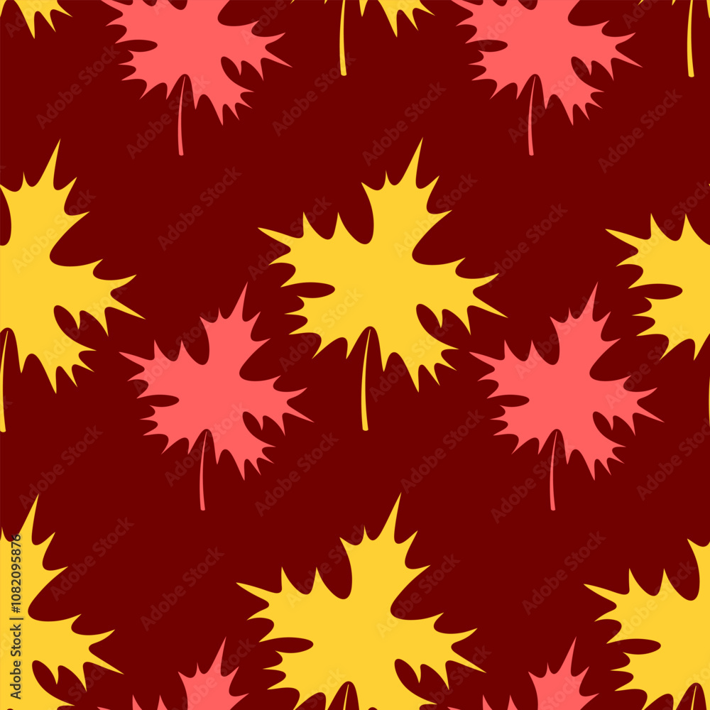 Maple leaf. Repeating vector pattern. Flat style. Isolated red background. Continuous ornament of yellow and red leaves. The shape of the leaf is crown-shaped. Idea for web design. Maple leaf. Repeating vector pattern. Flat style. Isolated red background. Continuous ornament of yellow and red leaves. The shape of the leaf is crown-shaped. Idea for web design.