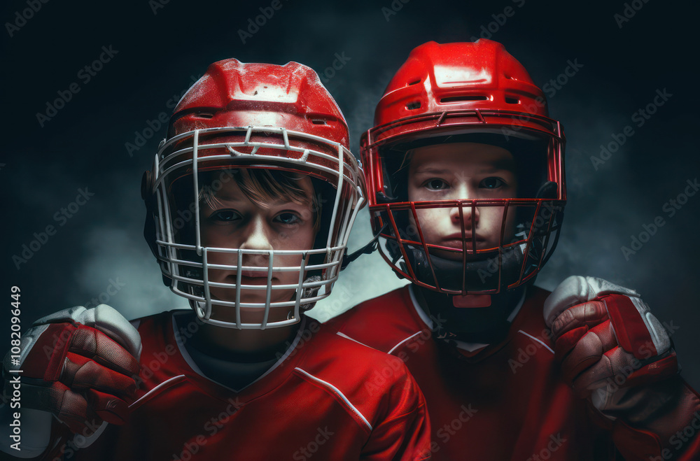 Two young boys in red sports gear, showing determination and readiness for a game, dramatic lighting background. Two young boys in red sports gear, showing determination and readiness for a game, dramatic lighting background.