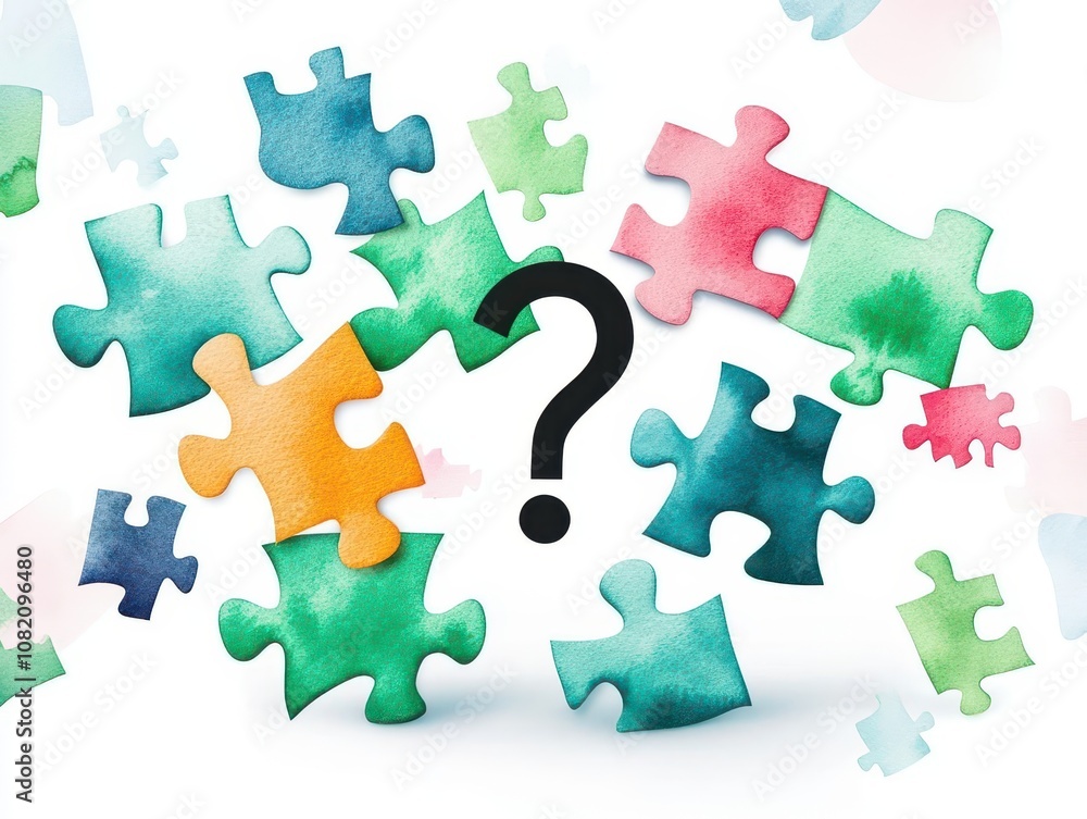 Abstract watercolor puzzle pieces with question marks, pieces floating with vivid greens and blues Abstract watercolor puzzle pieces with question marks, pieces floating with vivid greens and blues