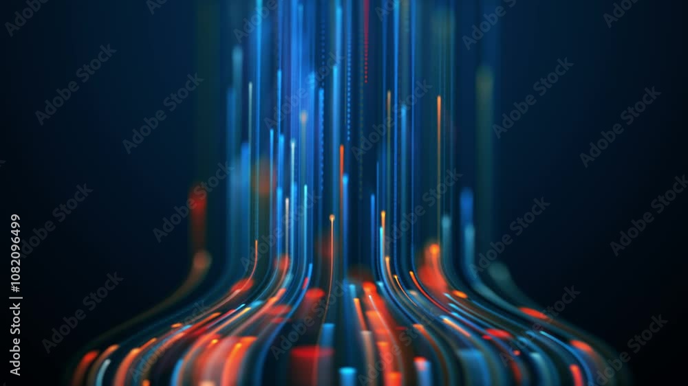 Connection cyberspace technology by particle lines stream data. Neon strips rising upwards abstract background 3D video seamless loop