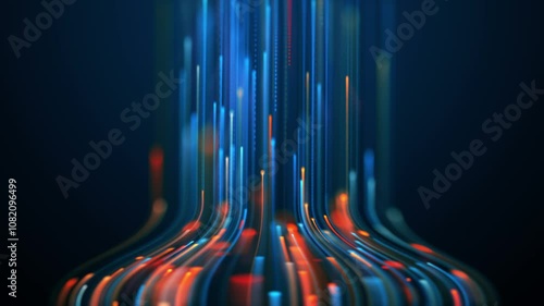 Connection cyberspace technology by particle lines stream data. Neon strips rising upwards abstract background 3D video seamless loop