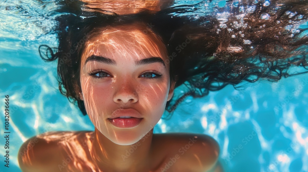 Swimmer holding her breath underwater, with calm expression and floating hair, light shimmering on the pool tiles Swimmer holding her breath underwater, with calm expression and floating hair, light shimmering on the pool tiles