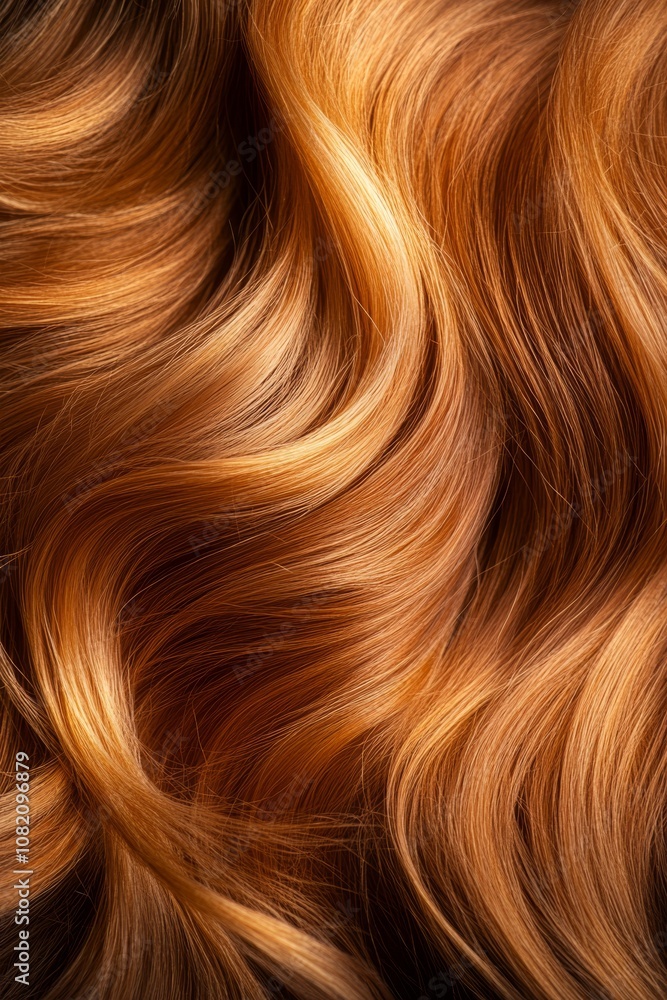 Naklejka premium This closeup of wavy hair highlights its shine, vibrant color, and soft texture, inspiring beauty enthusiasts with tips for maintaining luxurious, effortlessly chic hairstyles that capture attention