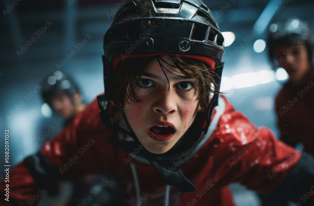Young hockey player focused and determined on the ice, showcasing passion for the sport with teammates in the background. Young hockey player focused and determined on the ice, showcasing passion for the sport with teammates in the background.