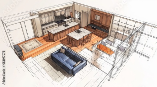 A 3D drawing of a floor plan showing a bedroom, kitchen, living room, and bathroom.