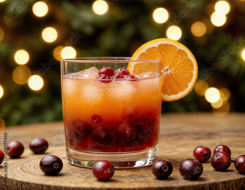 Punch drink for traditional festival with slices of orange for decoration, cranberries, xmas mood 