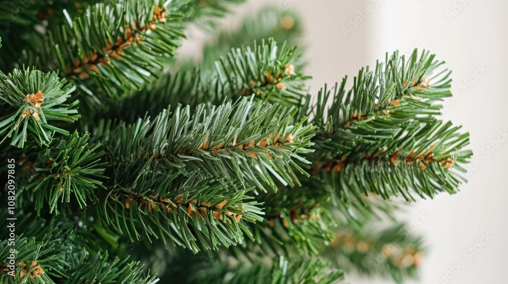 A detailed view of a Christmas tree's foliage, highlighting the texture and color of its pine needles A detailed view of a Christmas tree's foliage, highlighting the texture and color of its pine needles