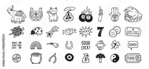 Good Luck doodle Symbols Set. Hand drawn lucky icons. Asian talismans and charms outline set.